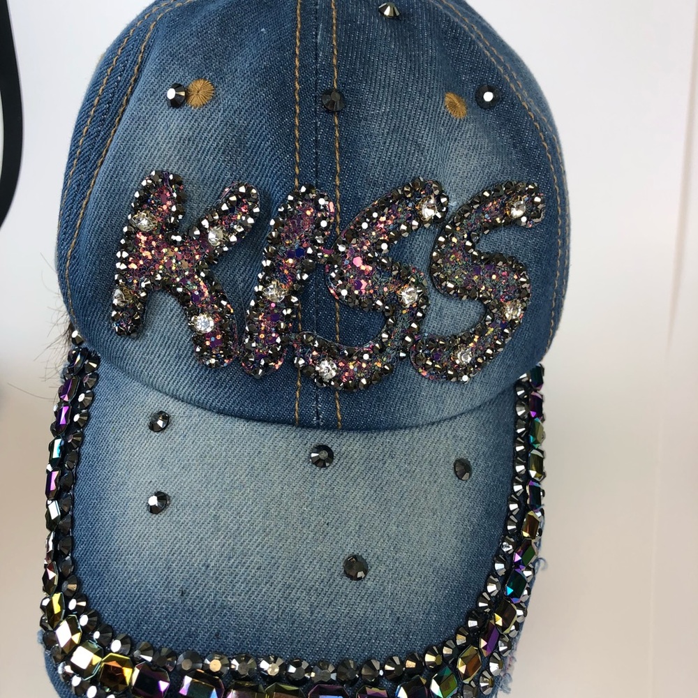 Denim distressed rhinestone cap/hat